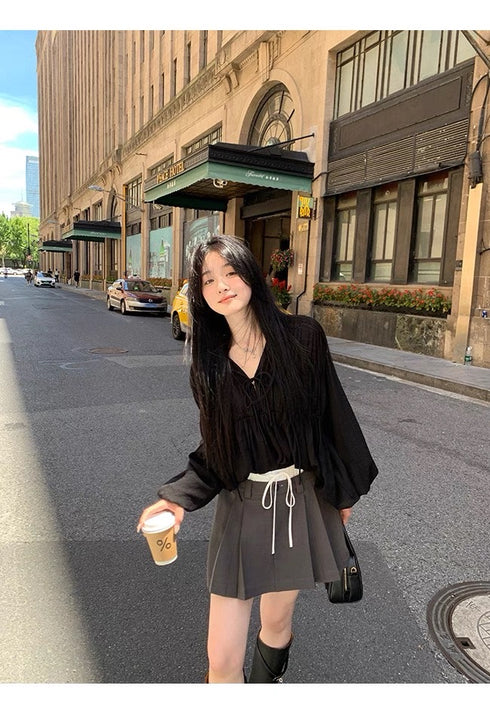 Women Lace Tie Lantern Sleeves Loose Tops